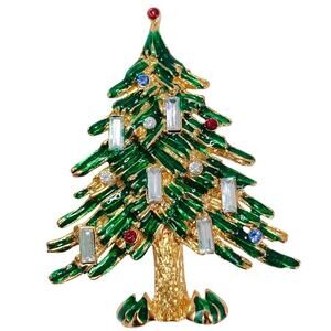 VTG Signed Capri Book Piece Christmas Tree Brooch 1960s Enamel Rhinestone